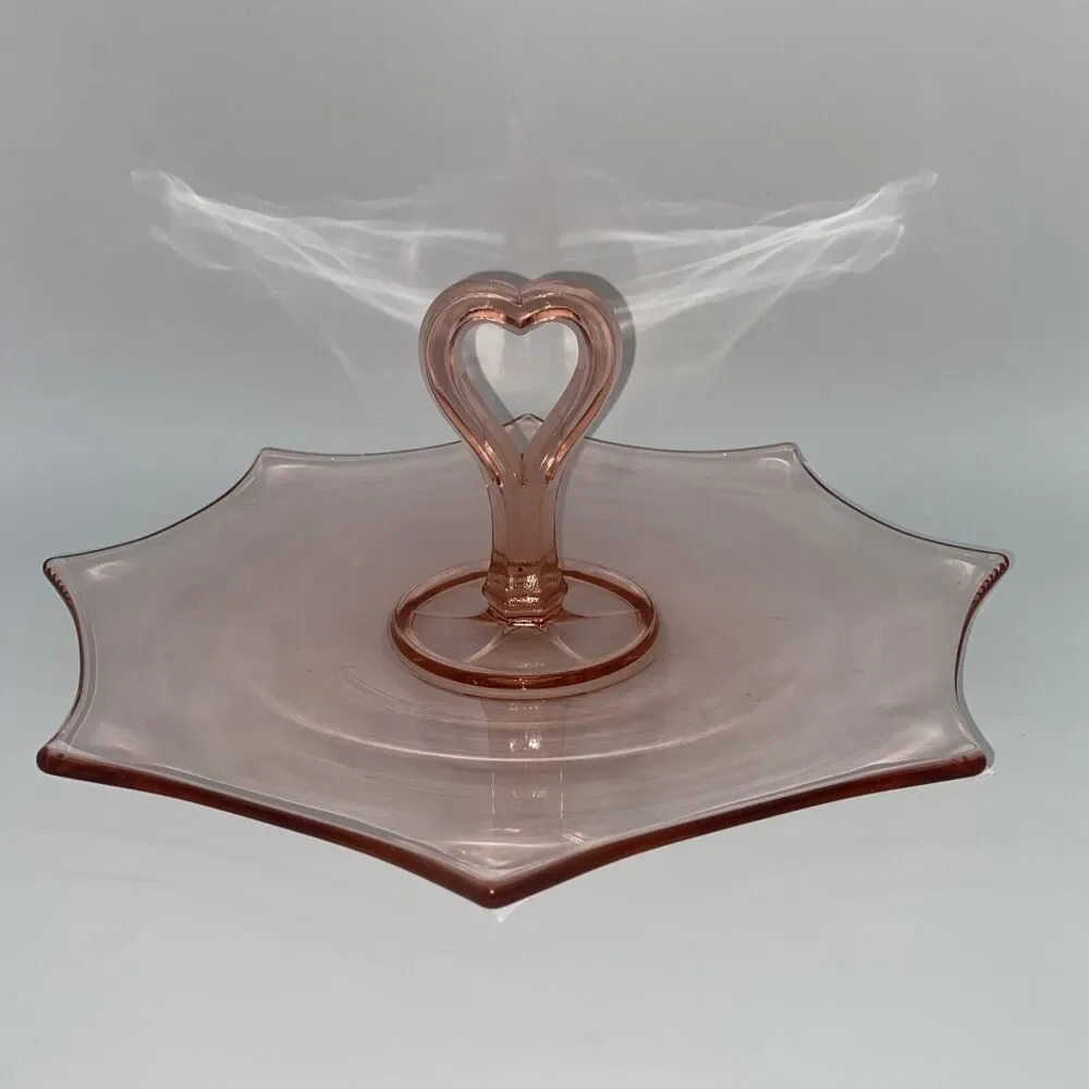 vtg Pink Glass Tidbit Tray Heart Handle Art Deco Serving Dish Plate love